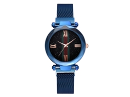 Relógio feminino com pulseira de malha magnética e mostrador com céu estrelado (azul)