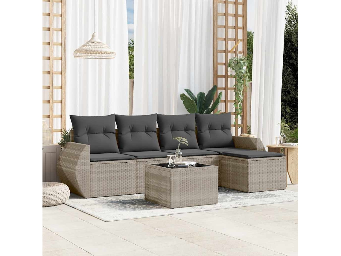 Vidaxl 6 Pcs Conj. Sofás Jardim Com Almofadões Vime Pe Cinzento-claro