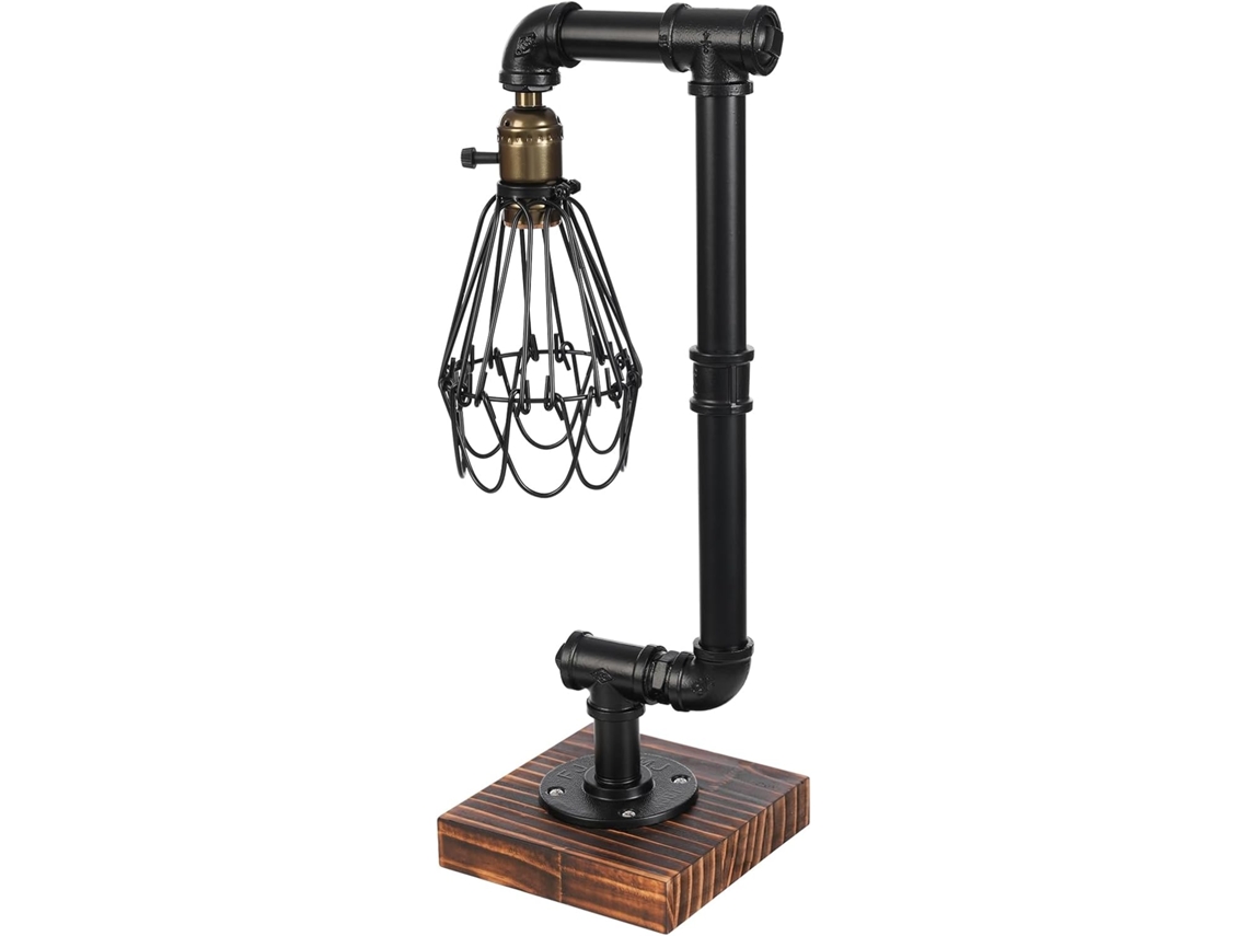 Luminária de mesa industrial em tubo de metal, 46 cm, Preta, soquete E27, estilo loft vintage, com cúpula vazada.