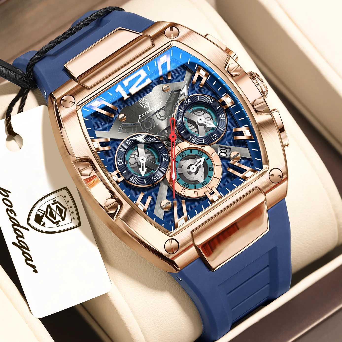 Relógio Masculino De Luxo Elegante (em Ouro Rosa E Azul) Com Acabamento Luminoso, Resistente À Água, Exibição De Data E Cronógrafo De Quartzo.