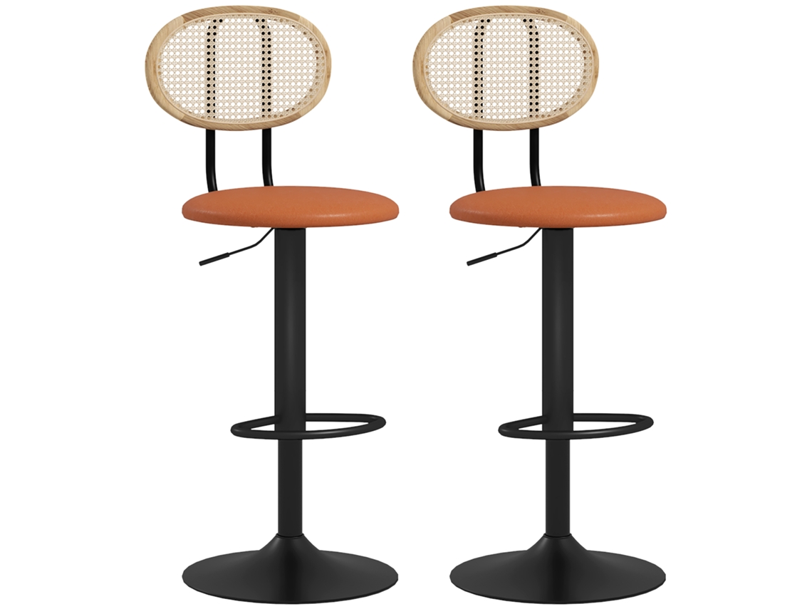Conjunto de 2 Banquetas de Bar com Altura Ajustável, Encosto e Apoio para os Pés em Rattan, na Cor Marrom. ESSÊNCIACASA
