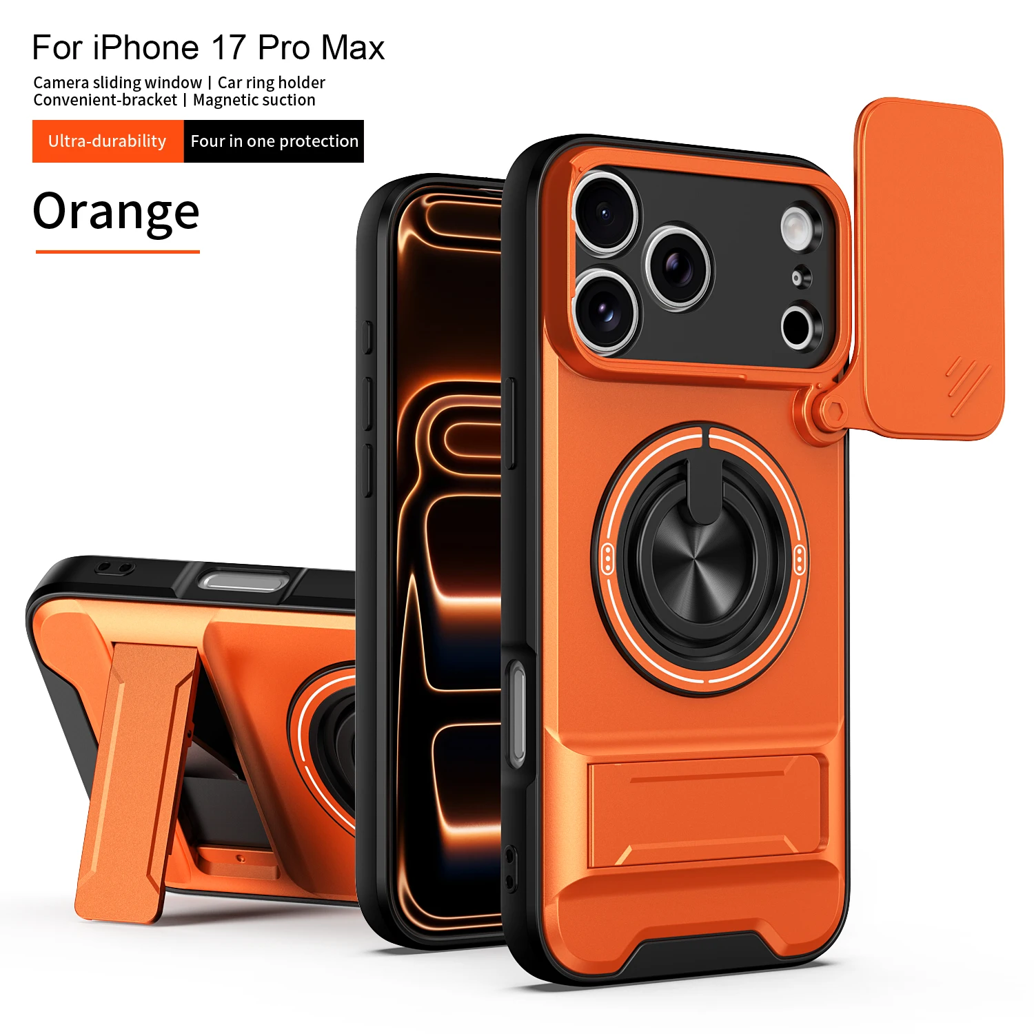 Capa Protetora Para Câmera (laranja Para Iphone 16), Com Suporte, Resistente A Impactos E Com Fecho Magnético.