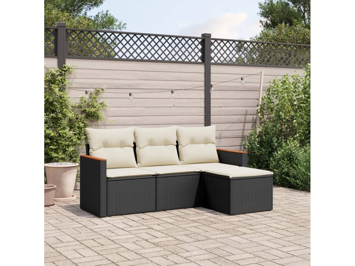 Vidaxl 4 Pcs Conjunto De Sofás Para Jardim C/ Almofadões Vime Pe Preto