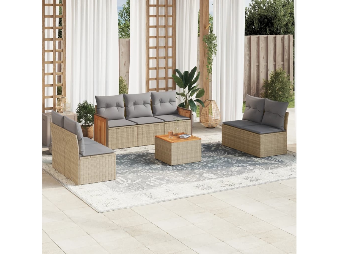 Vidaxl 8 Pcs Conjunto De Sofás P/ Jardim Com Almofadões Vime Pe Bege