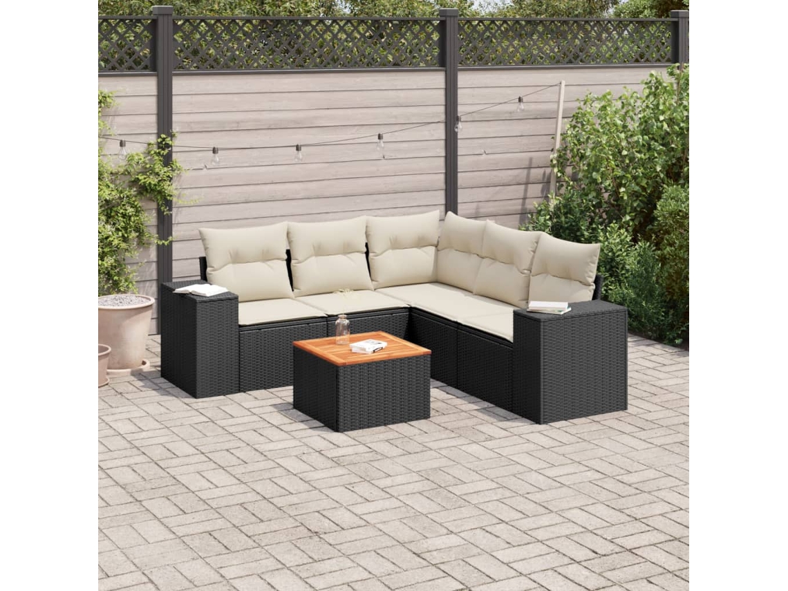 Vidaxl 6 Pcs Conjunto Sofás De Jardim C/ Almofadões Vime Pe Preto