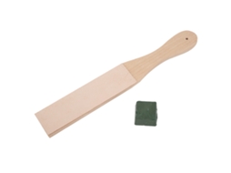Lixa de couro dupla face para afiar ferramentas, com pasta de afiar e base de madeira para afiar.