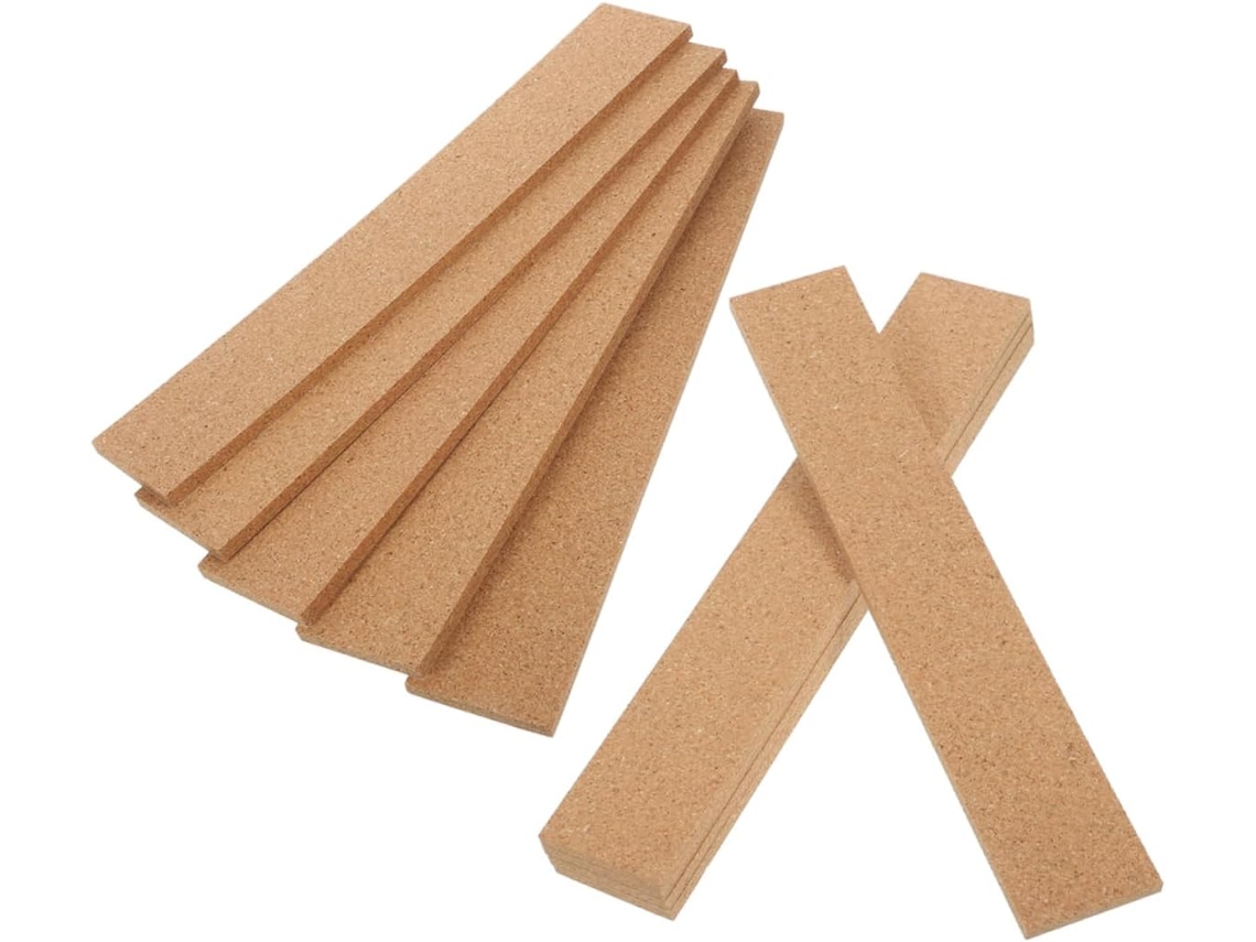 Conjunto de 10 tiras autoadesivas de cortiça para paredes, em cortiça natural sem moldura, ideais para mesas e bancadas.