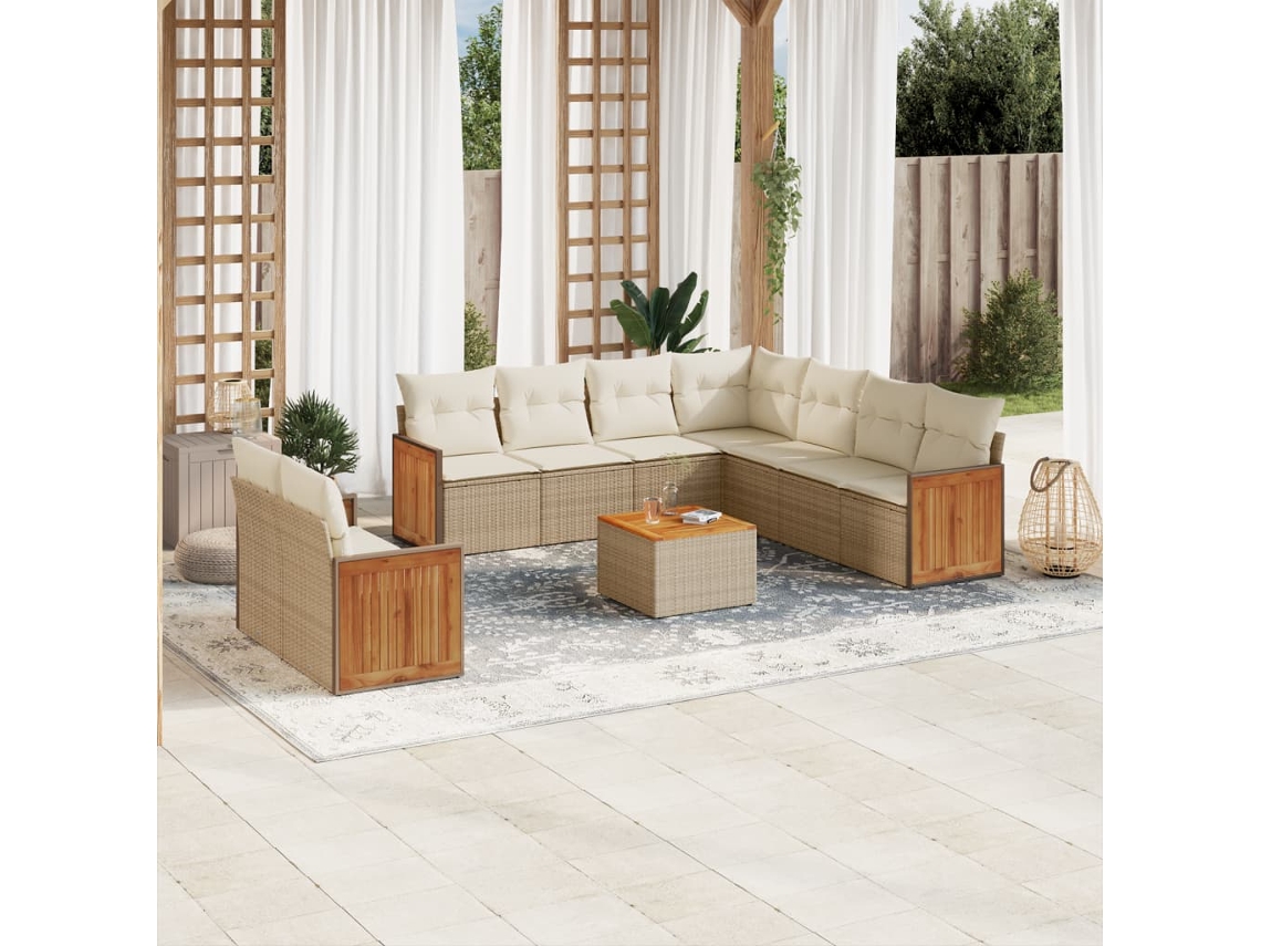 Vidaxl 10 Pcs Conjunto De Sofás P/ Jardim Com Almofadões Vime Pe Bege