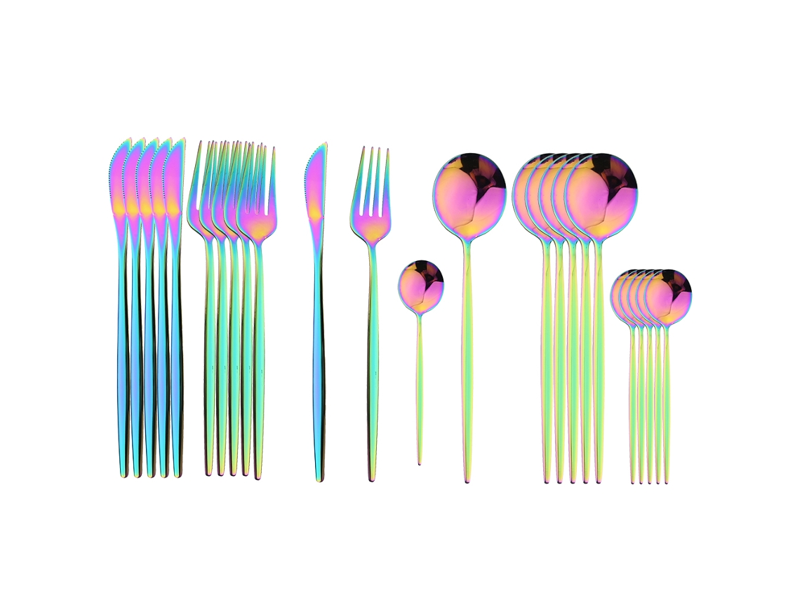 Conjunto de Talheres de Aço Inoxidável com 24 Peças, Incluindo Faca, Colher e Garfo. MDUG (colorido)