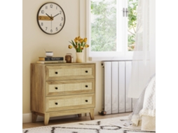 Cômoda 3 Gavetas Madeira Frente Rattan Estilo Conserva Quarto 80x35x76 Cm Natural