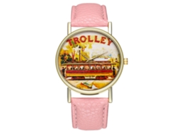 Reloj De Pulsera Unisex Con Correa De Pu Dial Redondo Patrón Trolley Cuarzo (rosa)