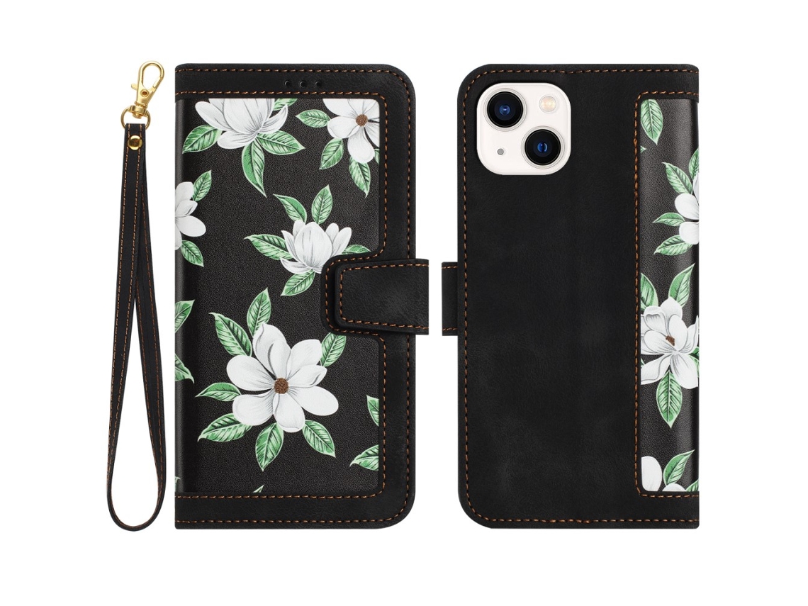 Capa Padrão Flores Para Iphone 15 Plus Pele Sintética Com Porta-cartões Multicor