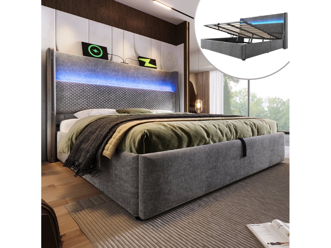 Cama Hidráulica 160x200cm Com Led, Armazenamento E Usb-c Cinza