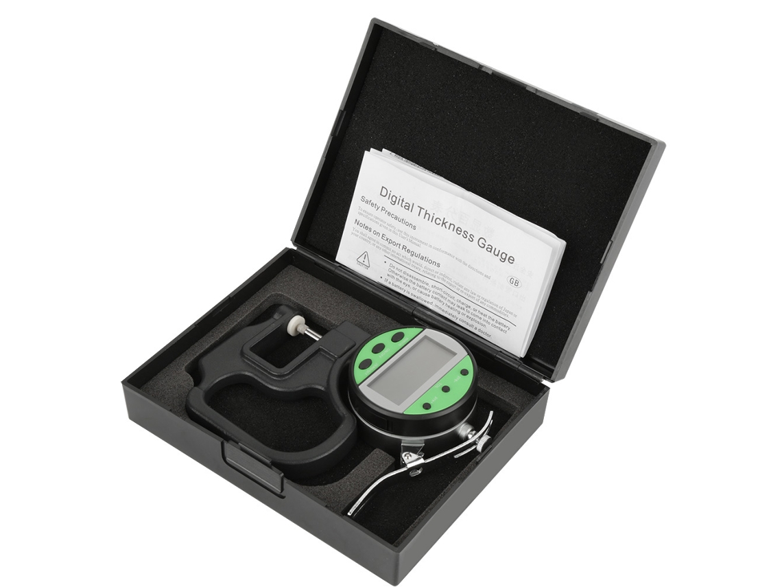 Medidor de espessura digital de 0 a 10 mm com precisão de 0,01 mm, visor digital tubular, profundidade de 30 mm e ponta de medição única.