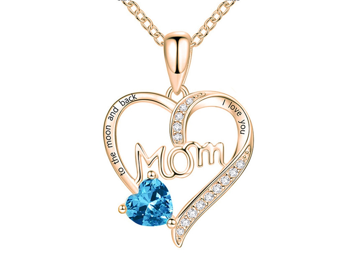 Colar Pingente Coração “mom” em Ouro Rosa, com Pedra Azul e Zircônias, Presente Delicado para o Dia da Mãe, Ergonômico, Uso Diário STELASPLEN