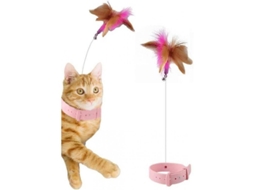 2026 brinquedo Interativo para Gatos com Penas e Cascavel, Coleira Ajustável, Bastão de Aço para Exercício e Diversão Rosa