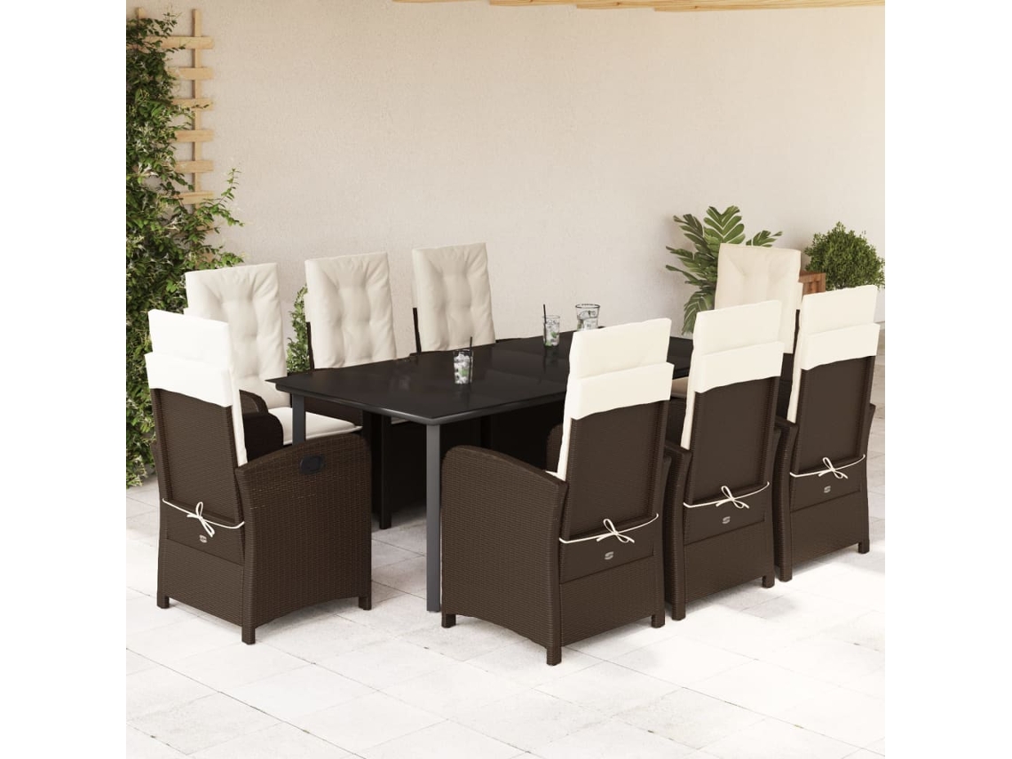 Vidaxl 9 Pcs Conjunto Jantar P/ Jardim C/ Almofadões Vime Pe Castanho