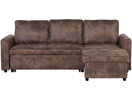 Sofá de canto à esquerda com 3 lugares e arrumação em pele sintética castanha NESNA