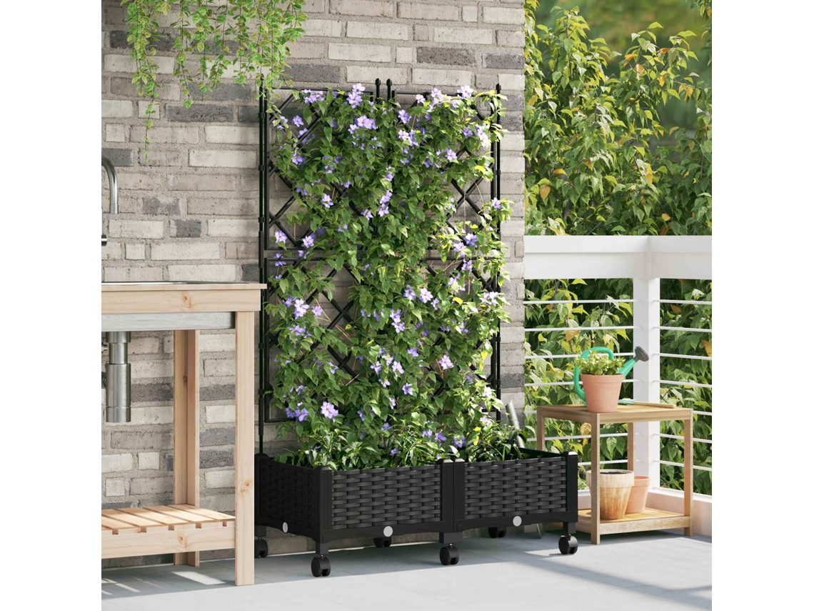Vidaxl Vaso De Jardim Com Treliça E Rodas 2 Unid. Preto Pp