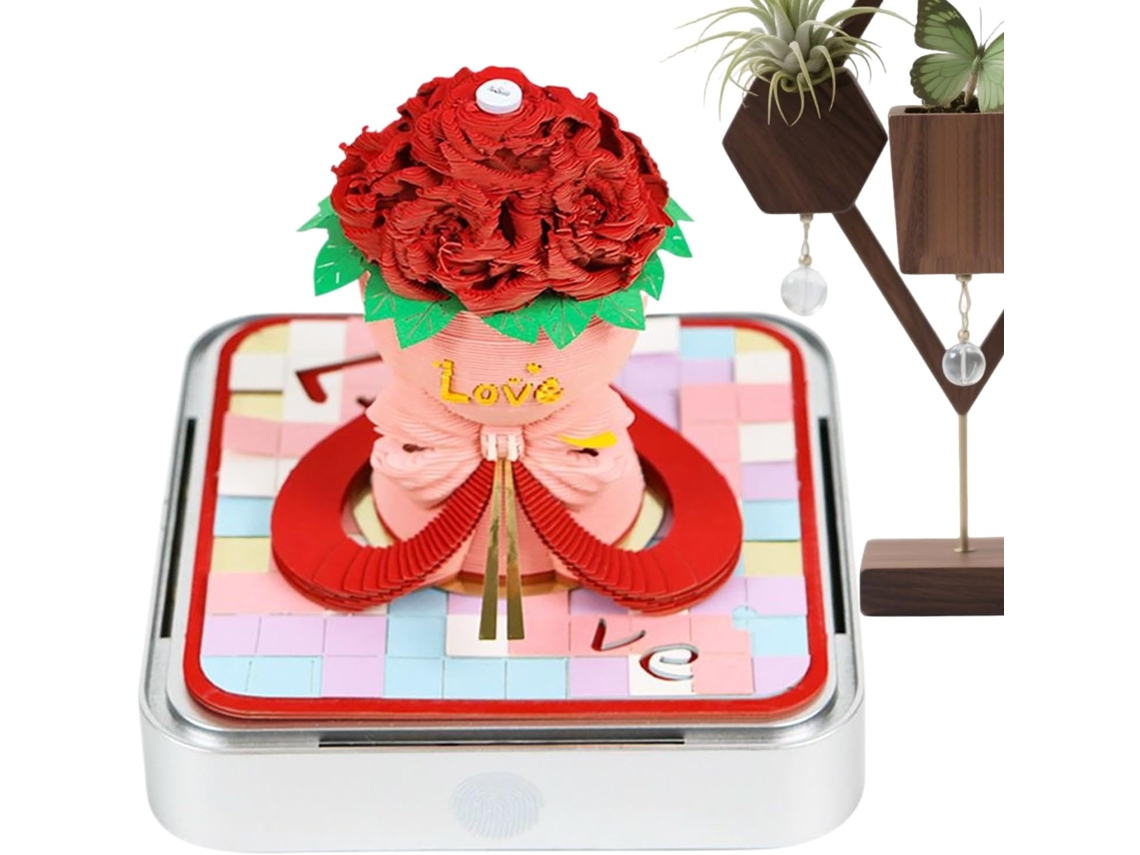 Calendário 3D em formato de moeda até 2026 e bloco de notas 3D com estampa de rosas.