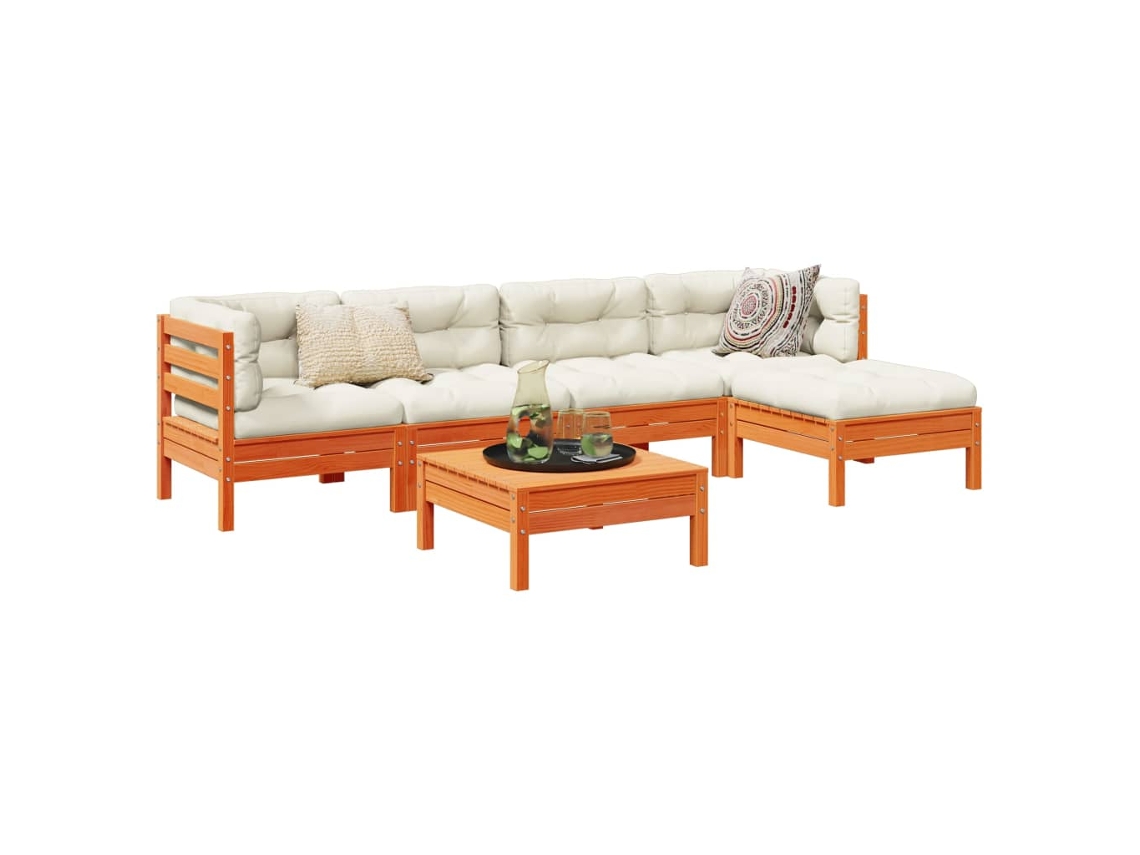 Conjunto 6 Pcs Sofás Jardim Almofadões Pinho Maciço Castanho Cera PANGSHIYUAN