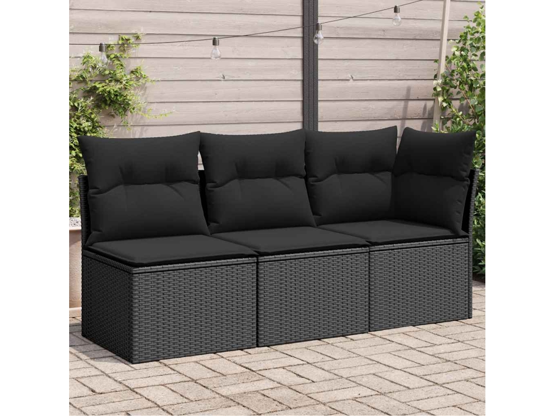 Vidaxl Sofá De Jardim Com Almofadas, 3 Lugares, Vime Sintético Preto