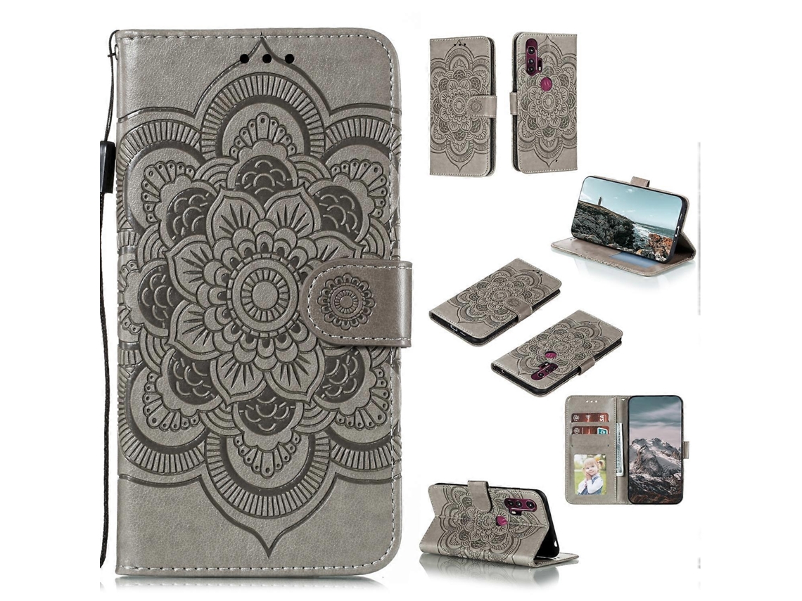 Capa De Couro Pu Com Padrão De Mandala Em Relevo Horizontal, Com Suporte, Compartimentos Para Cartão, Carteira E Cordão