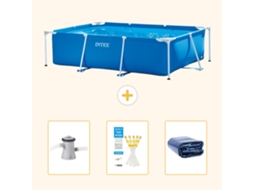 Piscina com Estrutura Retangular INTEX 220 X 150 X 60 Cm Azul Incluída Bomba de Filtro de Piscina Tiras de Teste Vela Solar