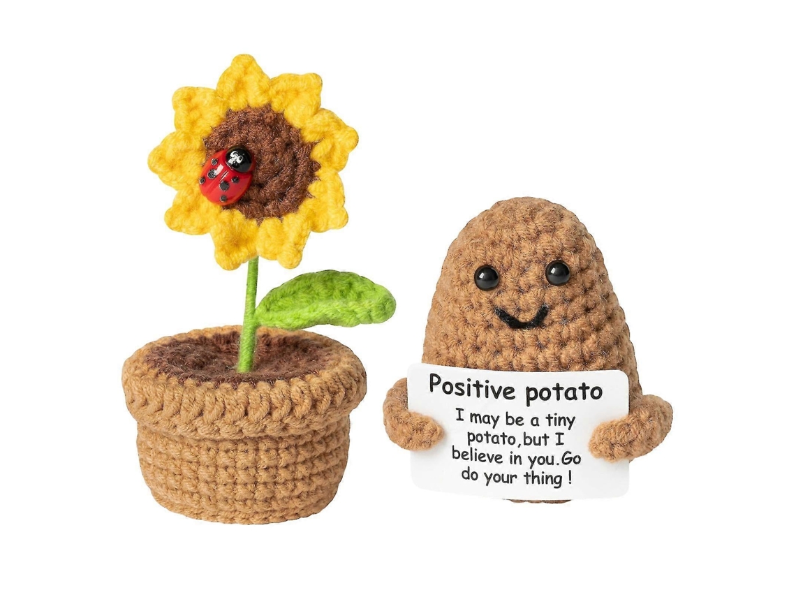 Conjunto de 2 Peças Crochê com Vaso Girassol, Enfeite de Batata para Apoio Emocional, Boneca Vegetal para Alívio do Estresse e Conforto BRILVIBERA