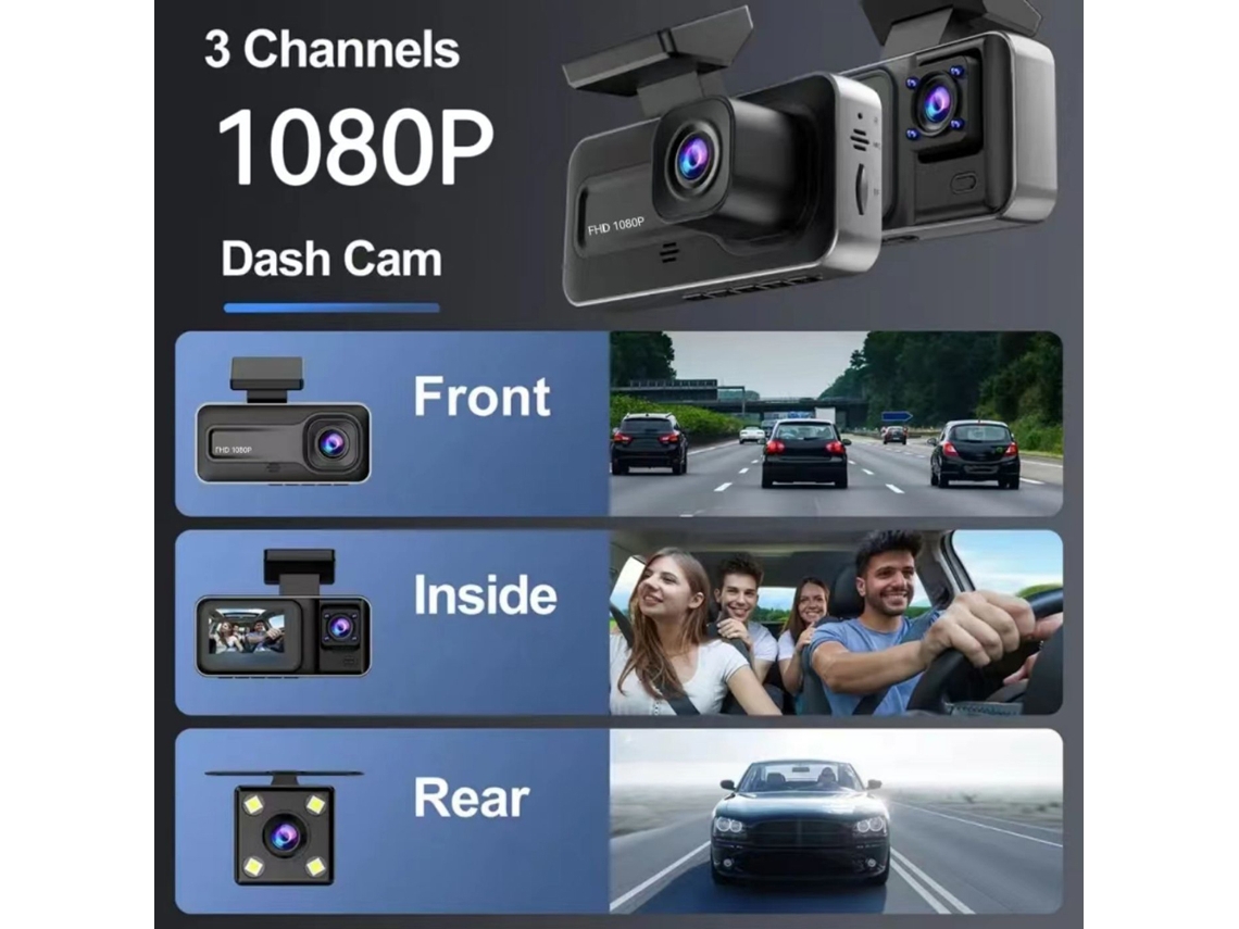 1080p Dvr Dash Camera 3 Cameras Night Vision 2 Inch Ips