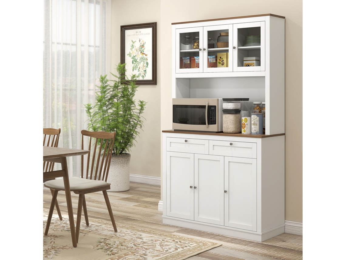 Armário De Cozinha Branco 100x40x180 Cm, 3 Portas De Vidro, 2 Gavetas, Prateleiras Ajustáveis E Compartimento Aberto