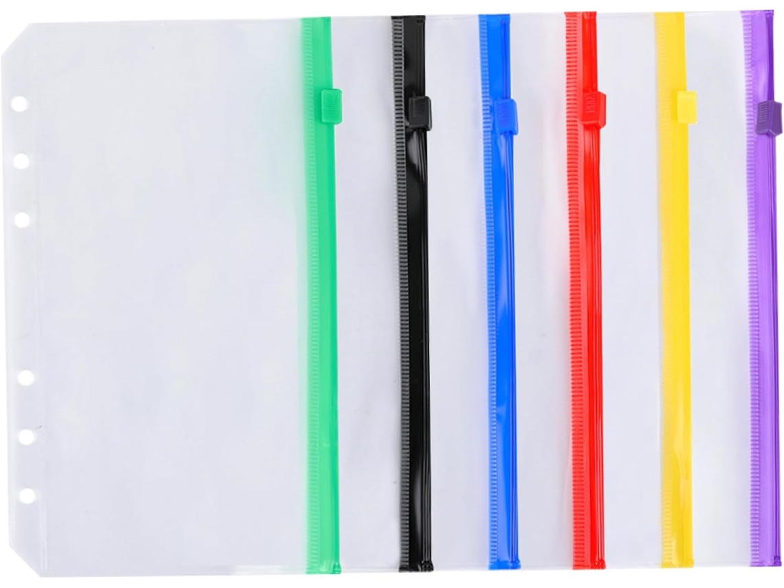 Conjunto de 6 pastas transparentes tamanho A6 com zíper e folhas metalizadas para organizar papéis soltos na sua mesa.