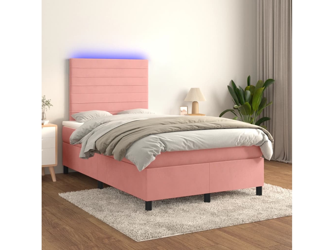 Vidaxl Cama Box Spring C/ Colchão/led 120x200 Cm Veludo Rosa