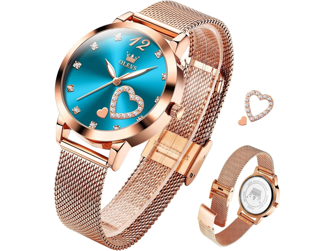 Lurelia Relógio Feminino, Movimento De Quartzo, Data/calendário, Aço Inoxidável, Rosa Ouro, Azul