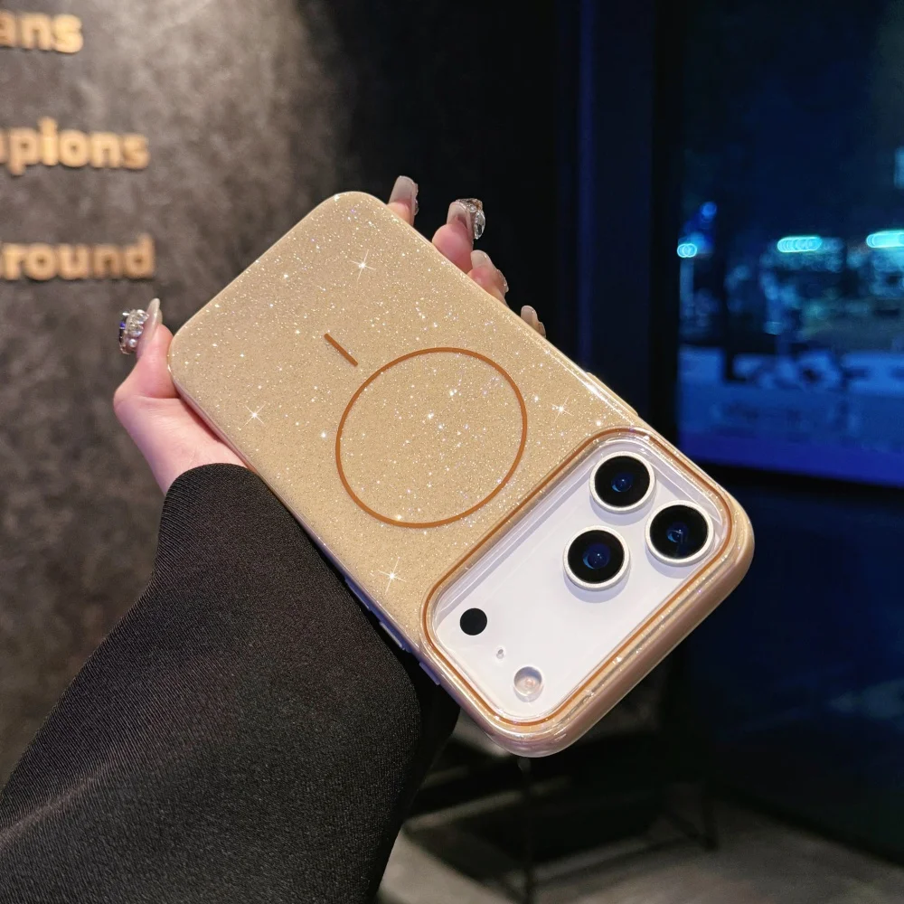 Capa De Celular Magsafe De Luxo Com Glitter (dourado Deserto), Carregamento Sem Fio Magnético, Capa Rígida.