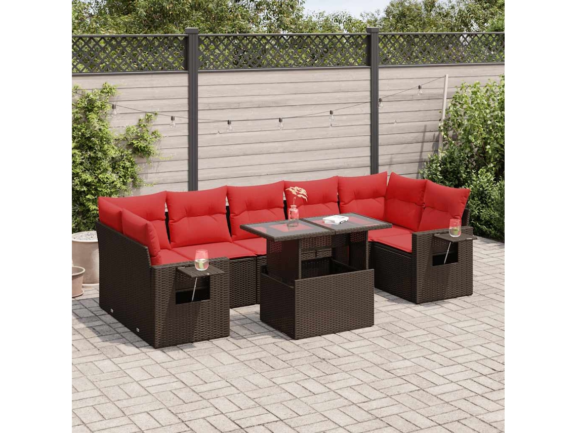 Vidaxl 8 Pcs Conjunto Sofás Jardim Almofadões Vime Pe/acácia Castanho