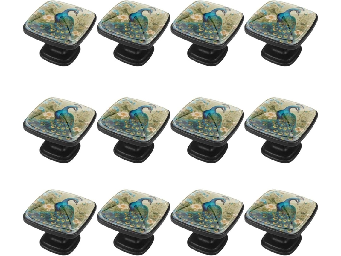 Puxadores E Maçanetas Quadradas Para Armários De Cozinha, Conjunto De 12 Peças, Design Abstrato De Cauda Pena Pavão