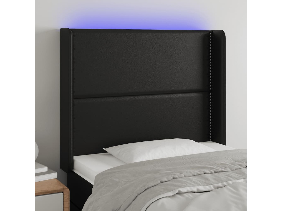 Vidaxl Cabeceira De Cama C/ Led Couro Artificial 93x16x118/128cm Preto
