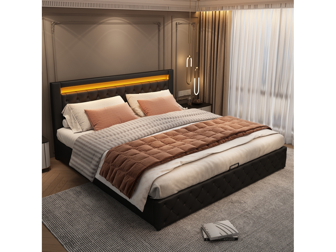 Cama Box Casal 180x200cm com Estrado e Armazenamento, LED Colorido Preta em PU PAPRIKA