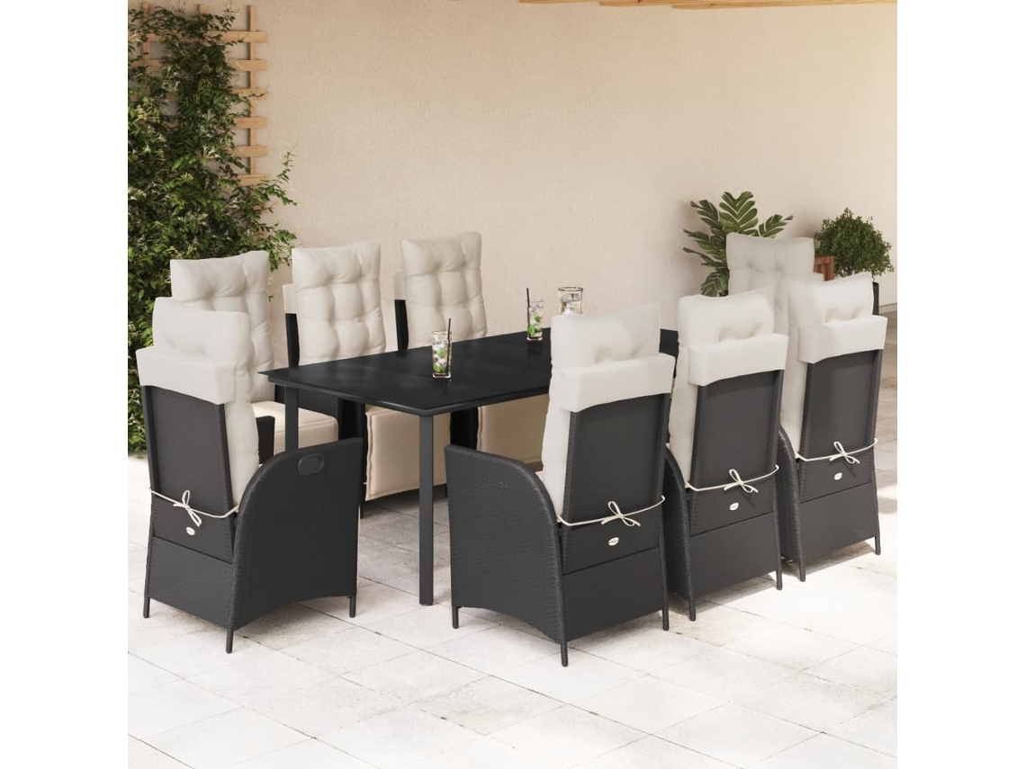 Vidaxl 9 Pcs Conjunto de Jantar P/ Jardim C/ Almofadões Vime Pe Preto