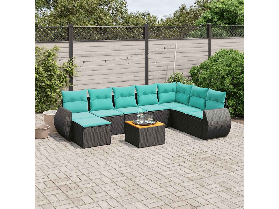 Vidaxl Conjunto De Sofá De Jardim De 9 Peças Com Almofadas Em Rattan Sintético Preto