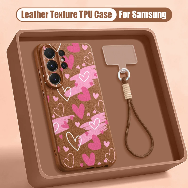 Capa Para Celular Galaxy A55 Com Estampa De Coração E Cordão Macio (corda Marrom).