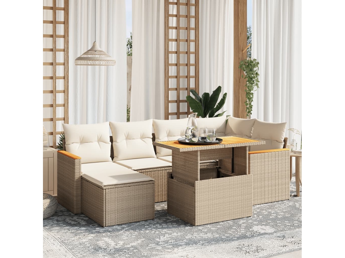 Vidaxl 7 Pcs Conjunto De Sofás P/ Jardim Com Almofadões Vime Pe Bege