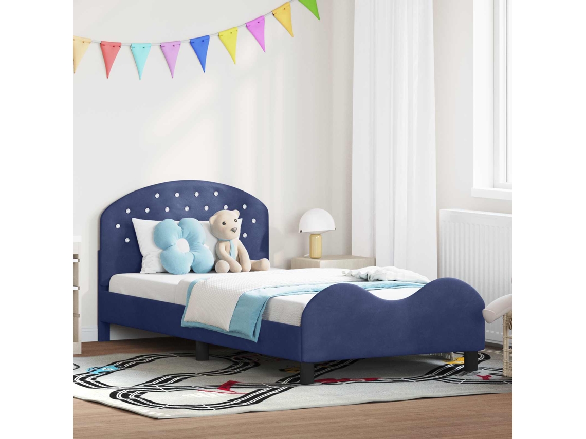 Vidaxl Estrutura De Cama Infantil Com Cabeceira Azul Polícia Veludo