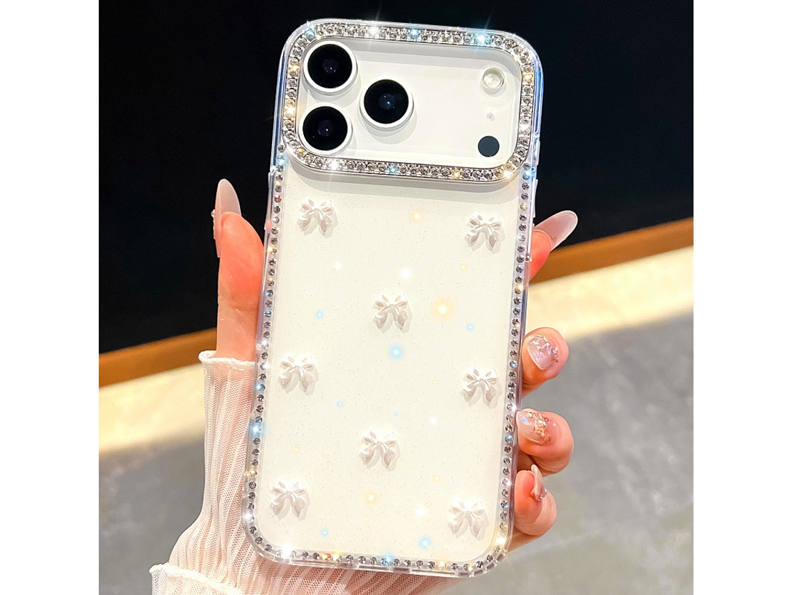 Capa De Celular 3d Com Strass Para Meninaslaço Aurora Branco Com Glitter - Iphone 15 Pro Max
