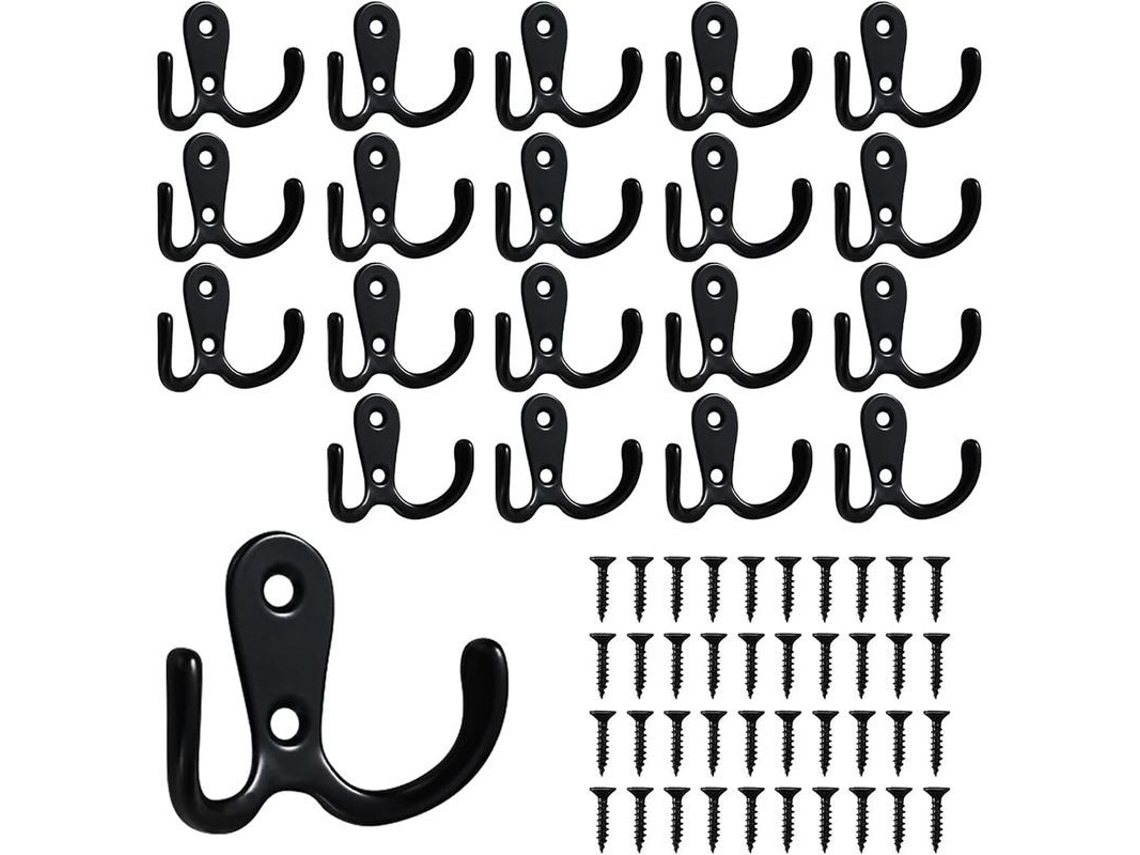 20 Ganchos De Abrigo De Aleación De Zinc Dobles Para Pared Resistentes A 7-8 Kg, Color Negro