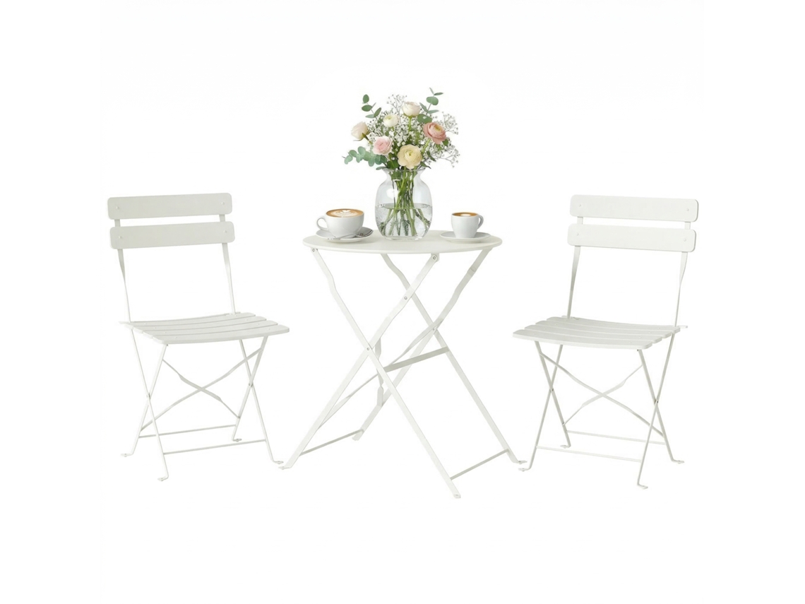 Conjunto de jardim dobrável com 2 cadeiras, mesa redonda, estrutura metálica, para varanda, creme