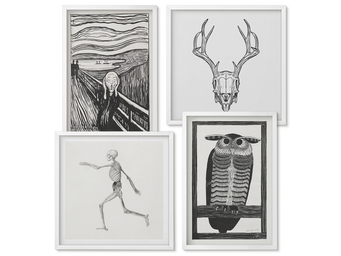 Composição De Quadros Caveira Gritando, Coruja, Gráficos Moldura Branca Imagens Para Um Quarto Infantil Espelharte (conjunto De 4 Imagens)