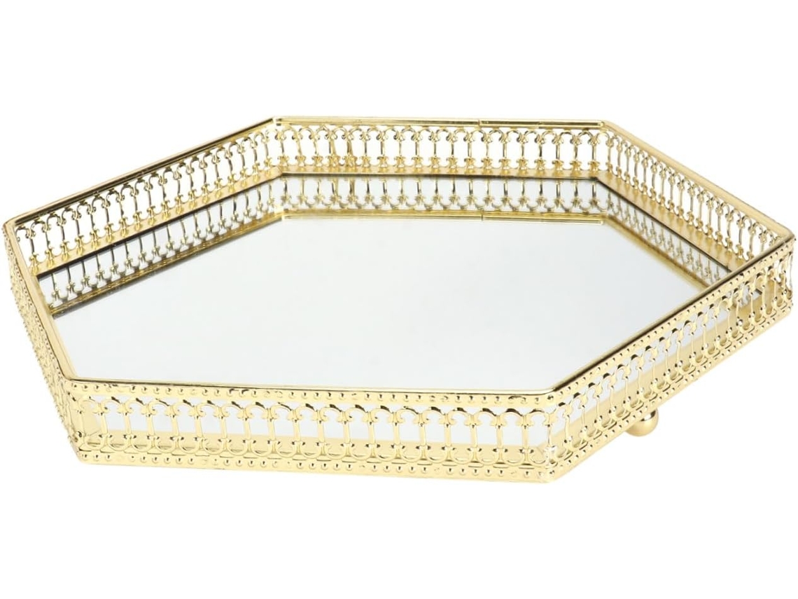 Bandeja Decorativa Hexagonal Grande Em Metal Banhado A Ouro, Bandeja De Ferro Com Superfície Espelhada.