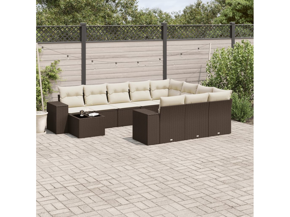 Vidaxl 11 Pcs Conjunto Sofás De Jardim C/ Almofadões Vime Pe Castanho
